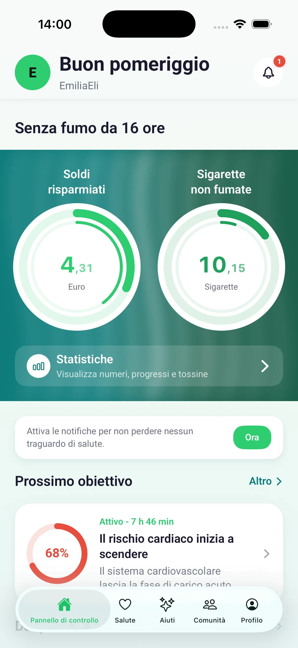 Dashboard con contatori del denaro risparmiato e delle sigarette non fumate