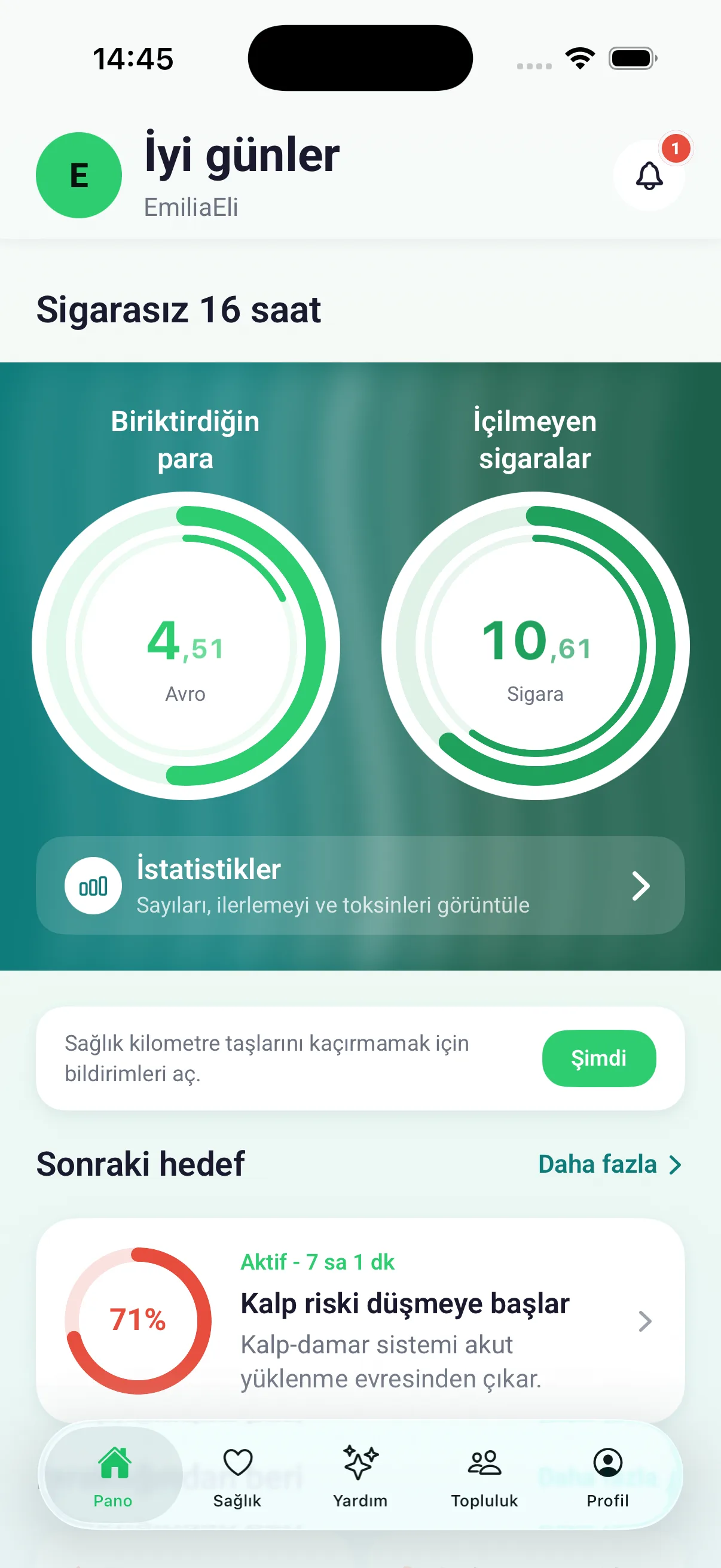 Biriktirilen para ve içilmeyen sigara sayaçlarının bulunduğu gösterge paneli